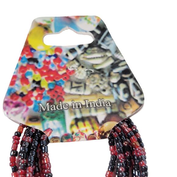 48" Long Red Black Seed Bead Necklace Boho Multistrand India Handmade NEW - Picture 10 of 11